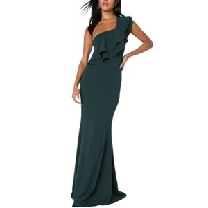 Lulus Beauty Emerald Ruffled One-Shoulder Mermaid Maxi Dress NWOT